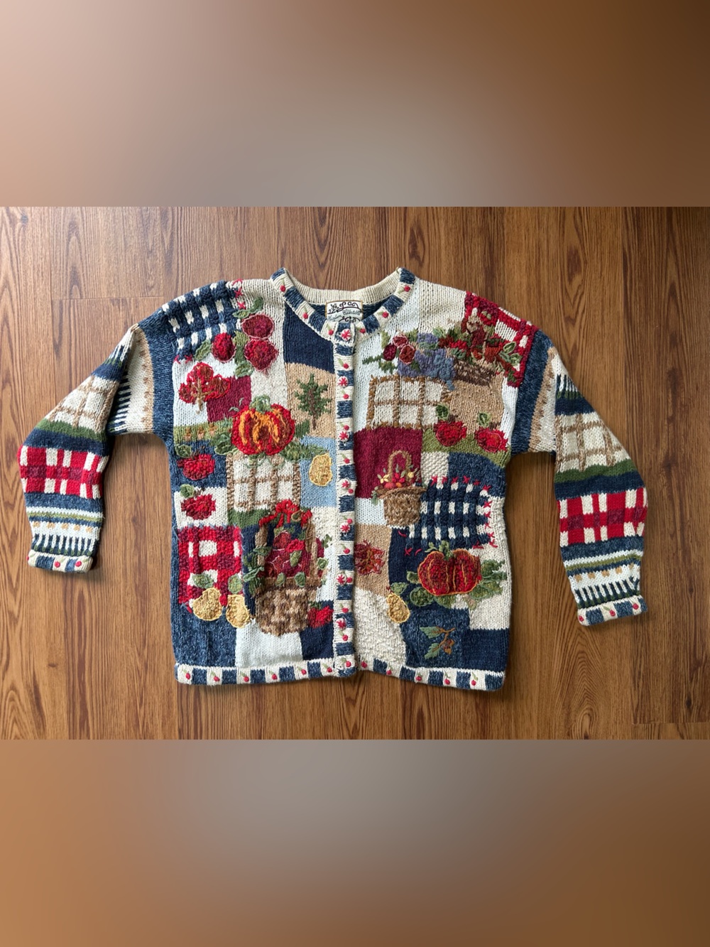 Vintage 90s Multicolor Fall Patchwork Knit Cardigan Sweater Womens L